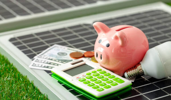 Solar panel model and piggy bank close up, energy savings concept